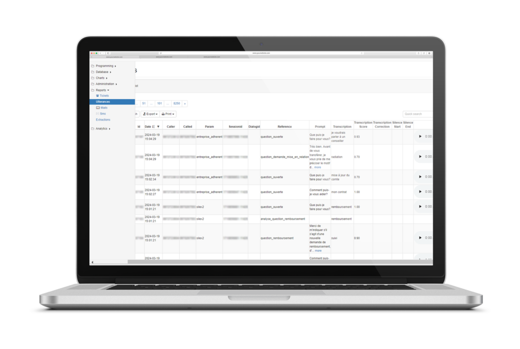 Vue des utérances depuis la console d'administration VOXIBOT